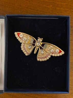 Butterfly Jeweled Gold Brooch with Clear Crystals, enamel and Red Accents